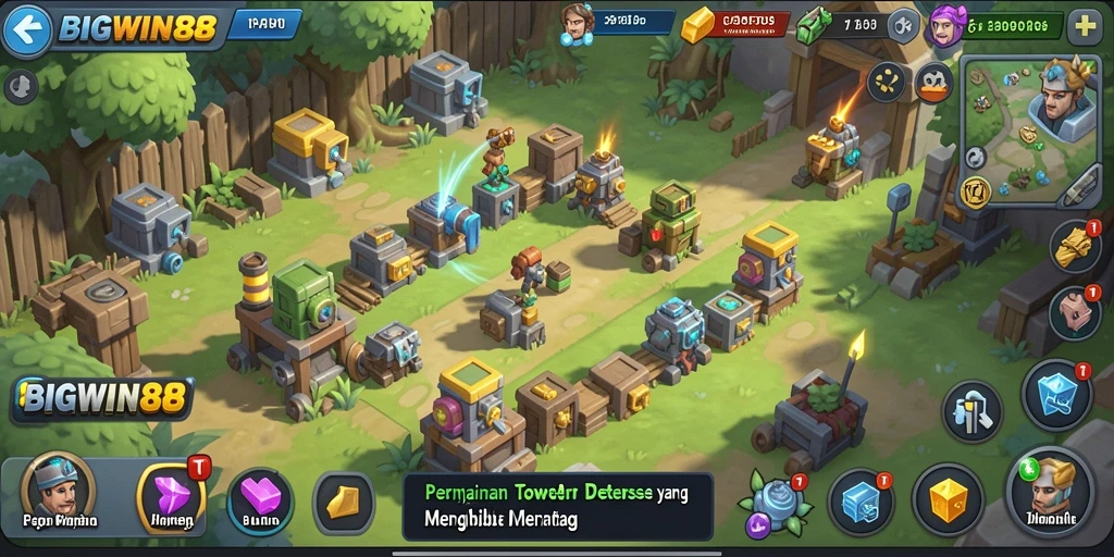 Tampilan gameplay <strong>BIGWIN88</strong> yang menarik dengan menara dan musuh beragam.
