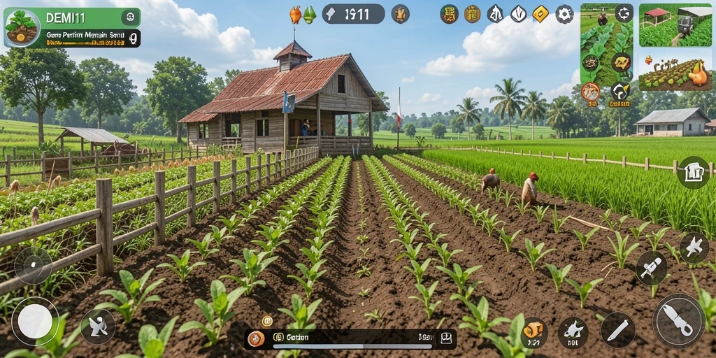 Tampilan gameplay DEMI11 dengan aktivitas bertani yang seru dan interaktif.