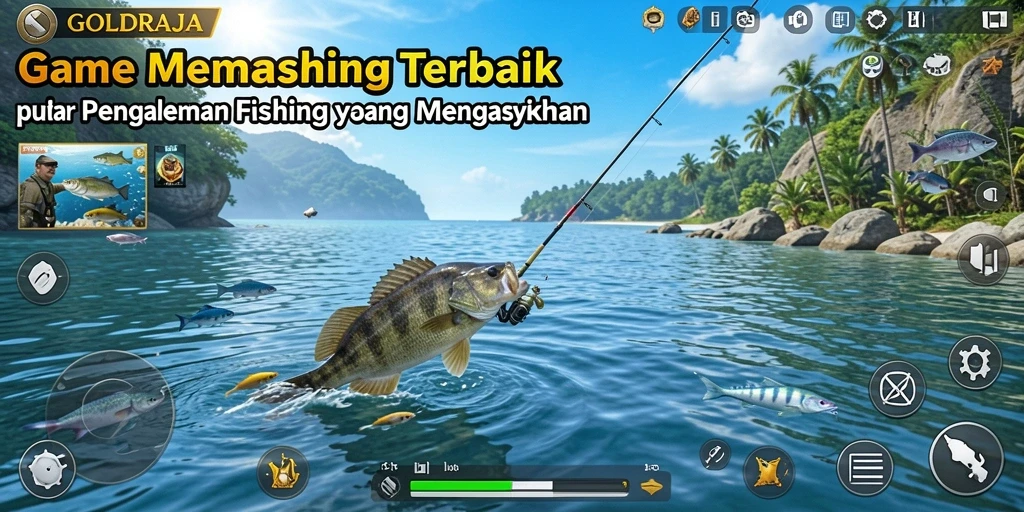 Tampilan gameplay GOLDRAJA yang penuh aksi memancing ikan.
