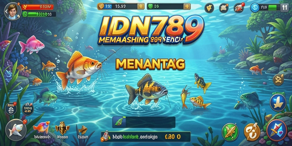 Screenshot game IDN789 menunjukkan pemain yang sedang memancing dengan latar belakang indah.