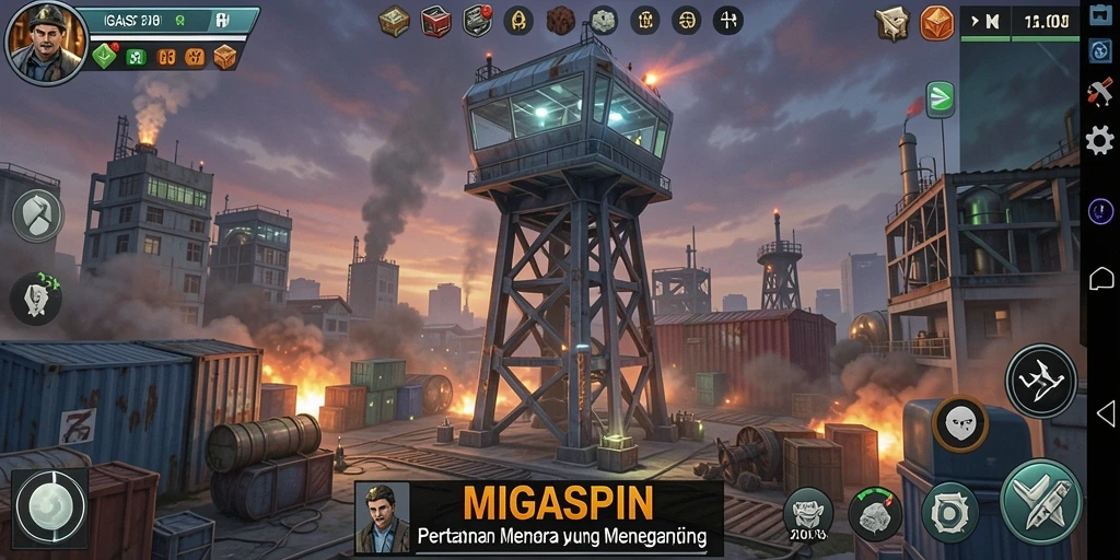 Screenshot gameplay MIGASPIN dengan menara yang berfungsi.