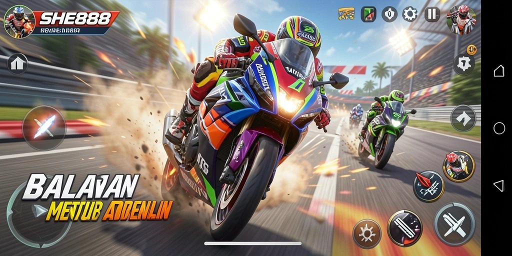 Tampilan gameplay seru dan mendebarkan di trek balap Motor Racing SHE888.